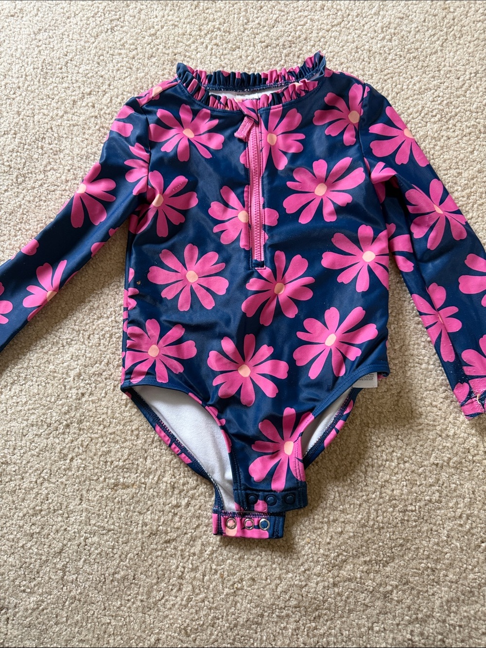 Carter’s 2T Girls Navy Floral Long-Sleeve One-Piece Swimsuit with Pink Flowers
